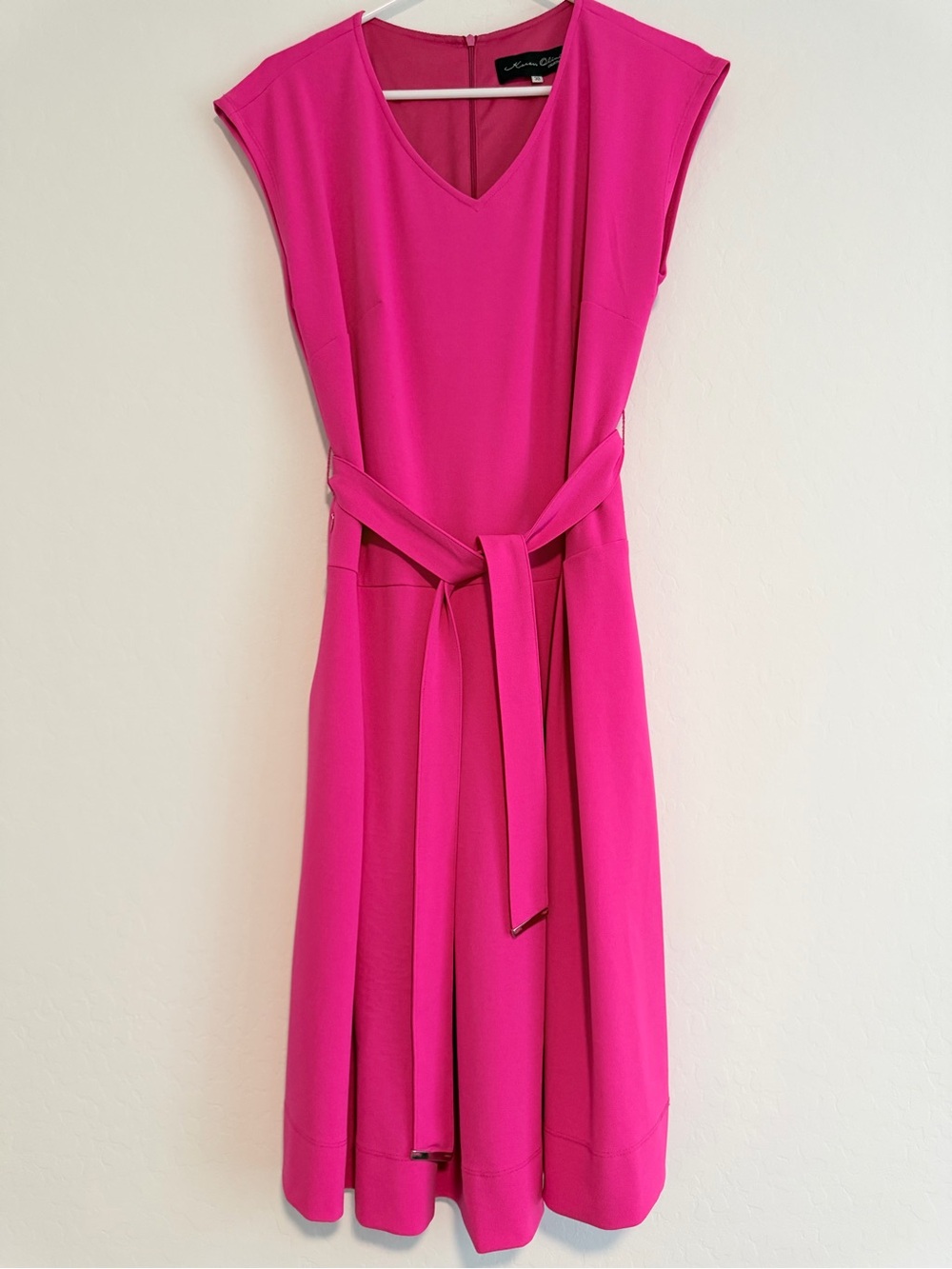 Kensie V-Neck Cap Sleeve Belted Midi Dress in Hot Pink